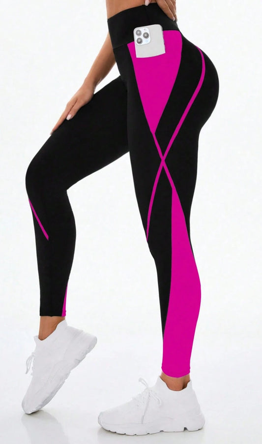 Black & Hot Pink Contrast High-Waist Leggings